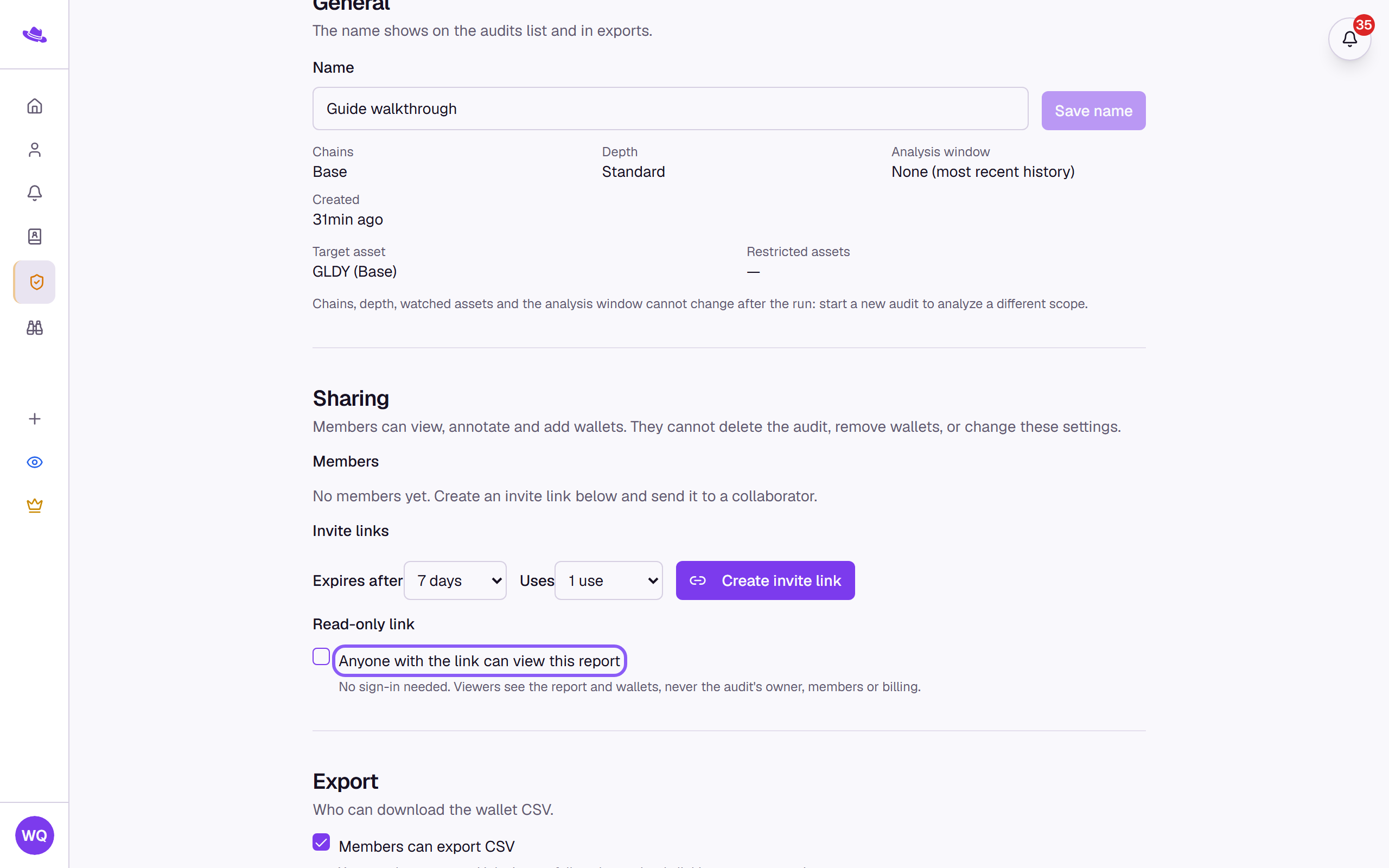The read-only link toggle highlighted in the Sharing section