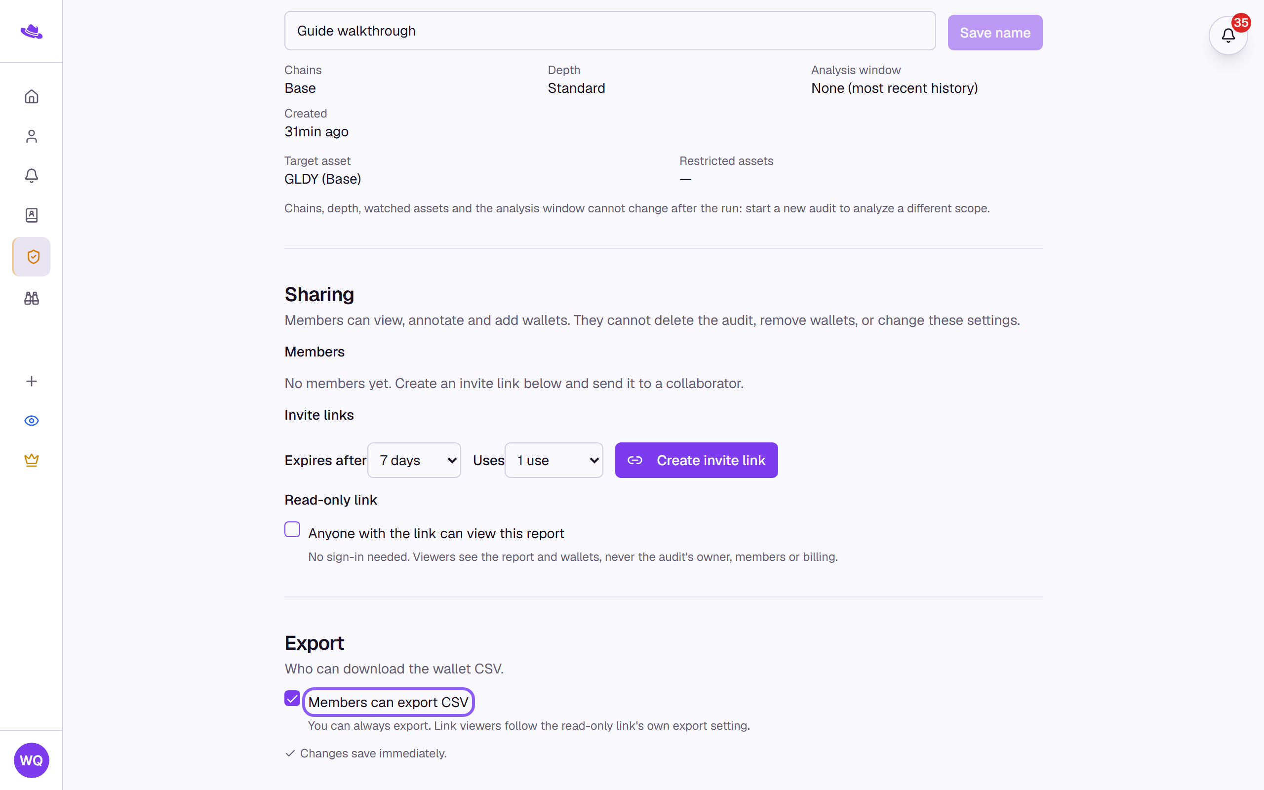 The Export section with Members can export CSV highlighted