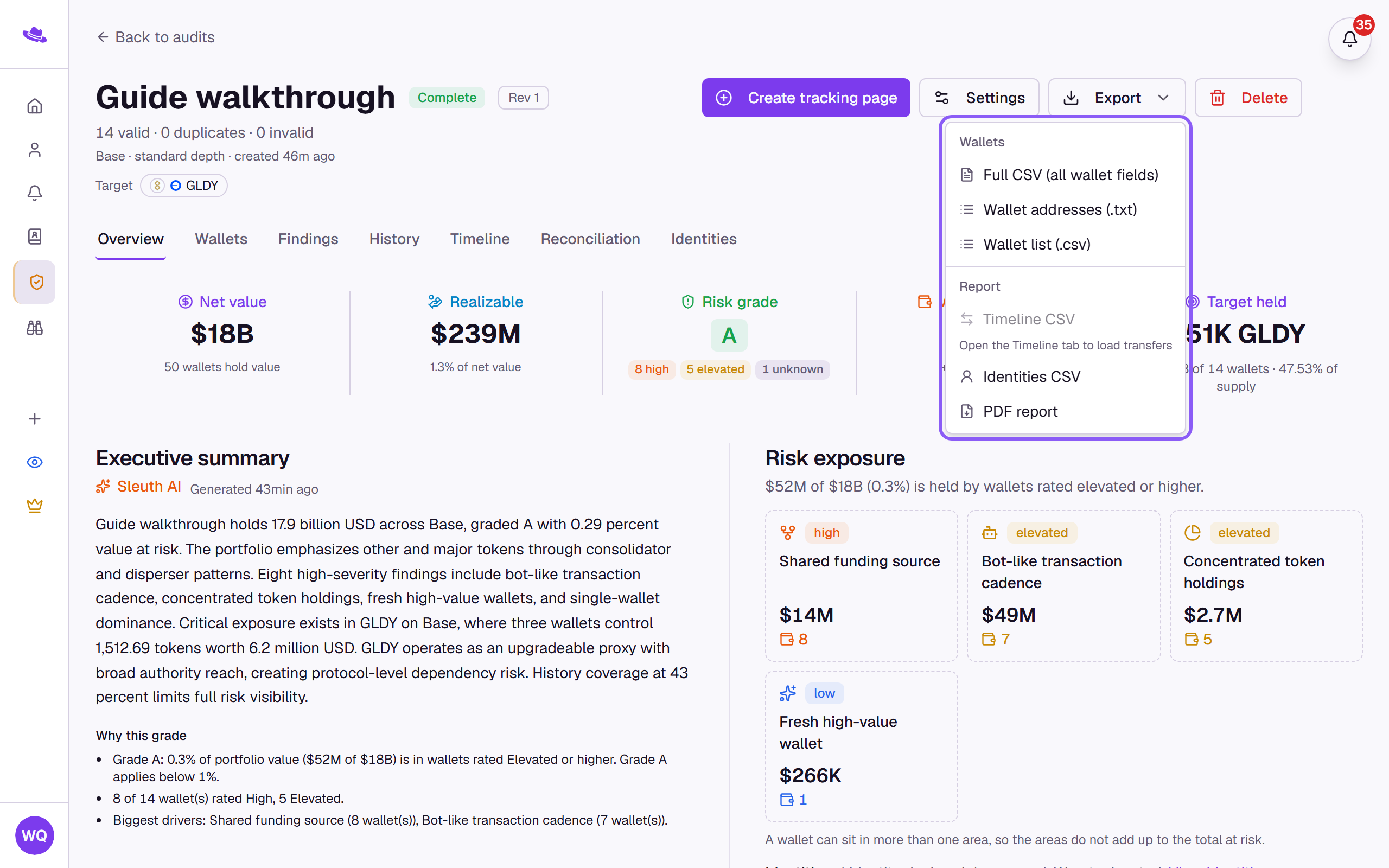 The Export menu open and highlighted, listing the wallet and report downloads