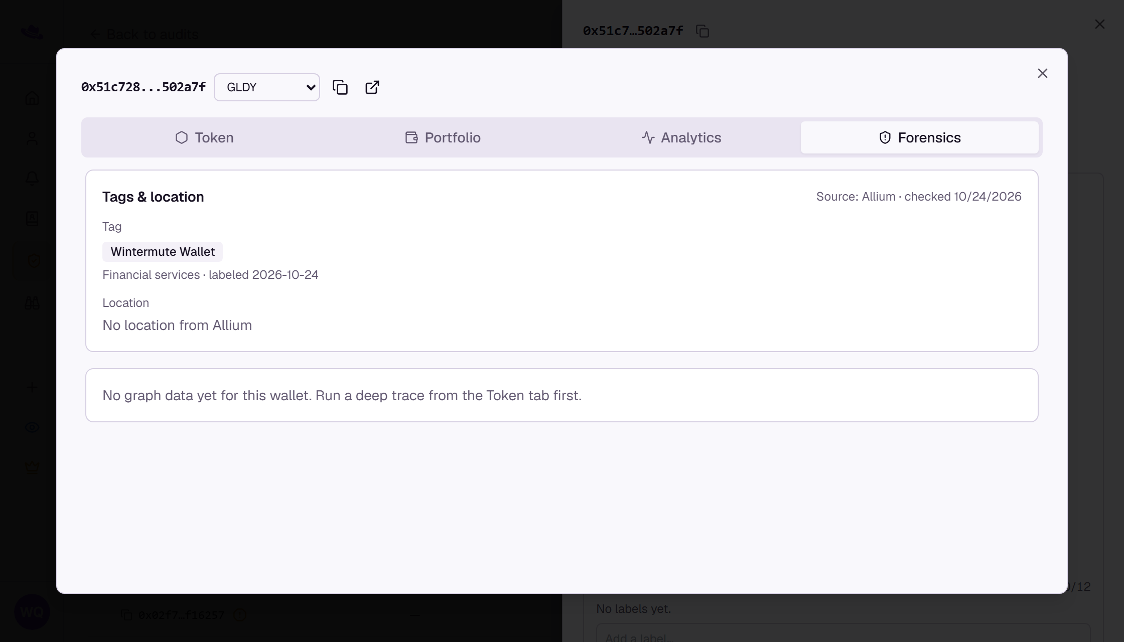 The Tags & location card at the top of the Forensics tab: the wallet's Allium tag with its category and date, and no location from Allium