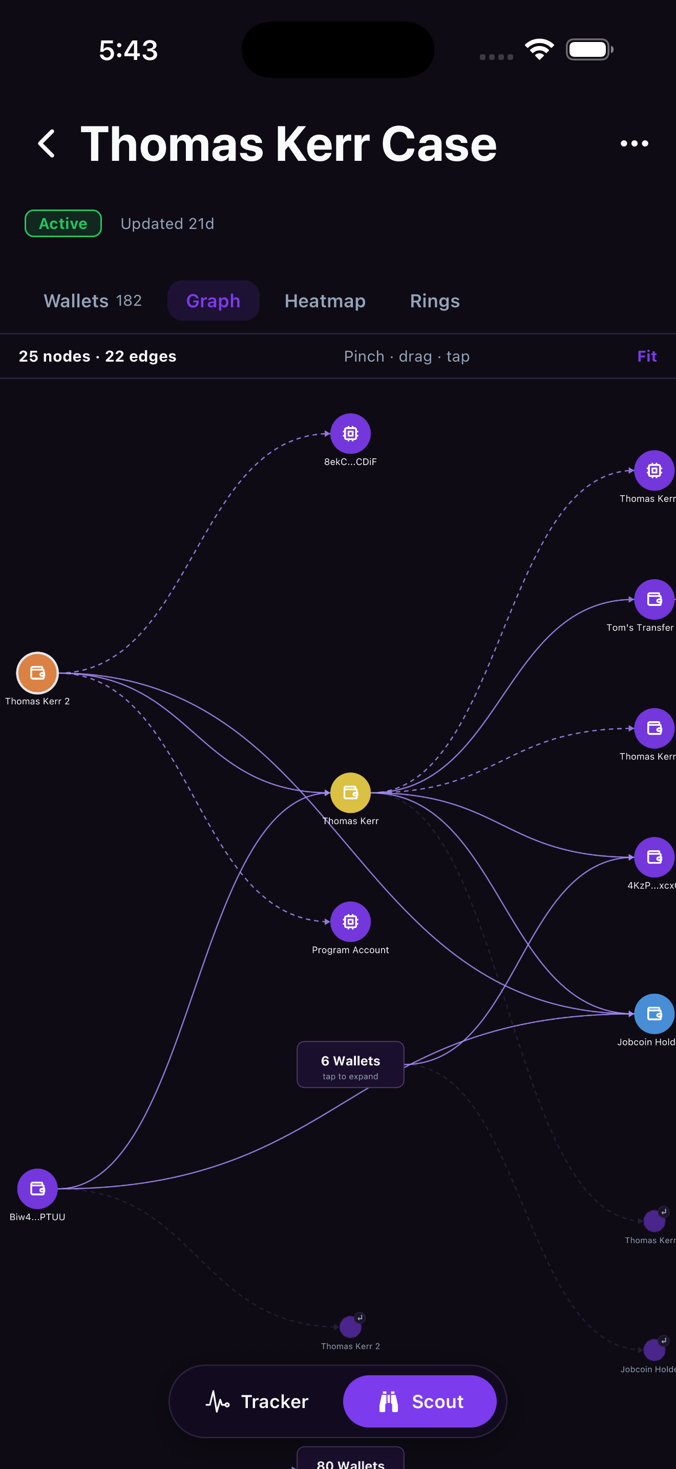Mobile Scout investigation graph — wallet nodes connected by transfer-flow edges