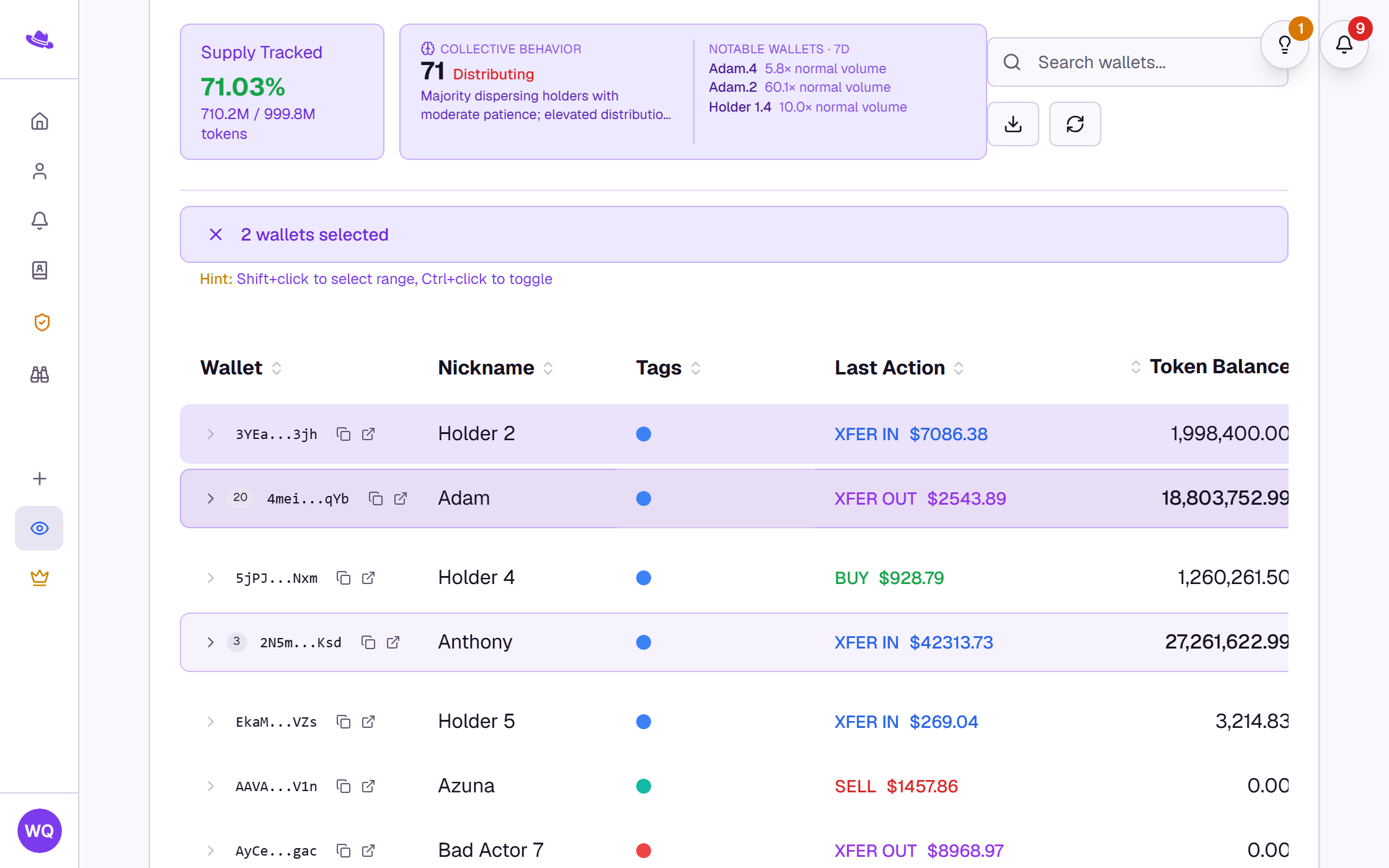 Tracked wallets table with two wallets selected, a collective-behavior summary, and per-wallet nicknames, tags, last action and token balance